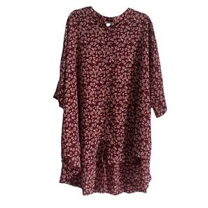 Natural Life One Size Floral Tunic Red Buttons Collar Kimono Sleeves Lightweight